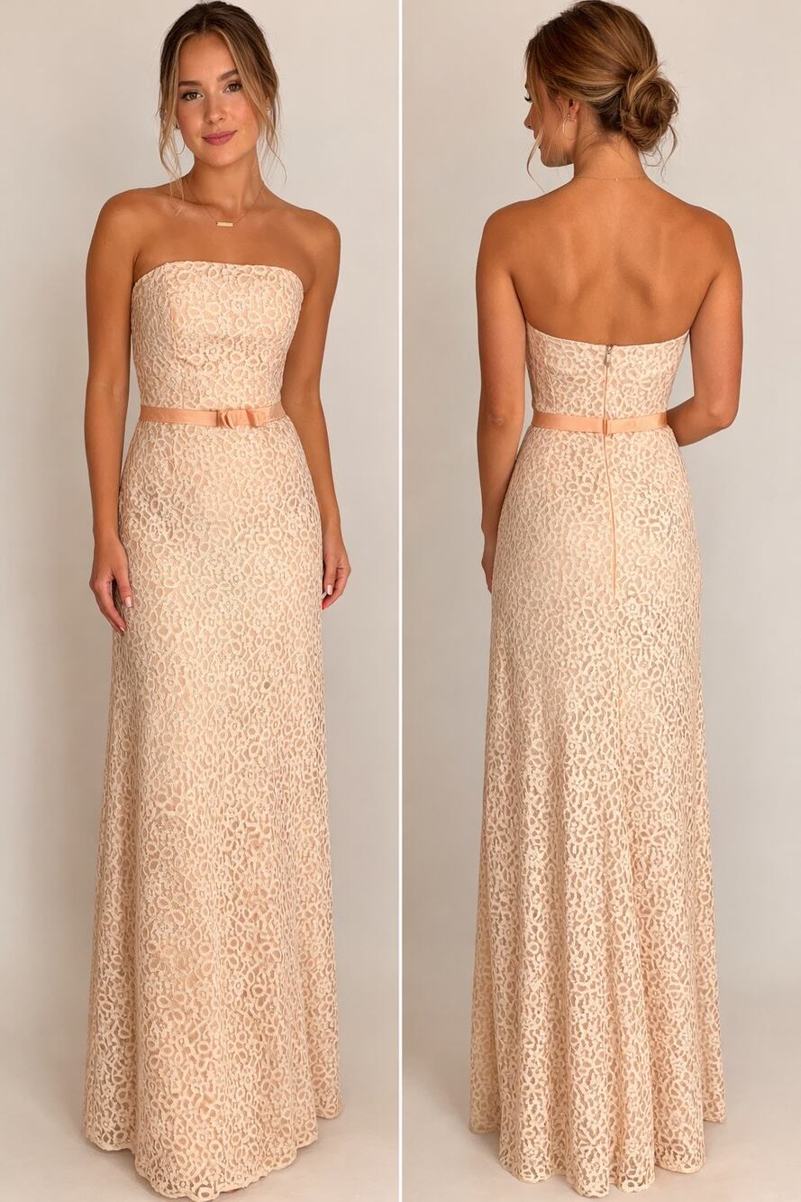 1990s Vivian Dessy for Dessy Creations Strapless Lace Gown XS